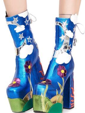 Dolls Kill Metallic Blue Platform Boots with White Cloud & Floral Accents Sz 7